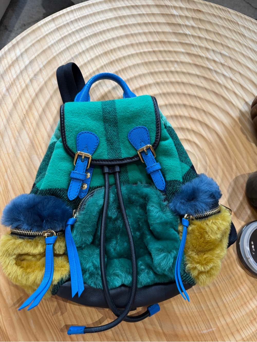 Runway Burberry Green and Blue Faux-Fur Drawstring Backpack with Yellow Accents